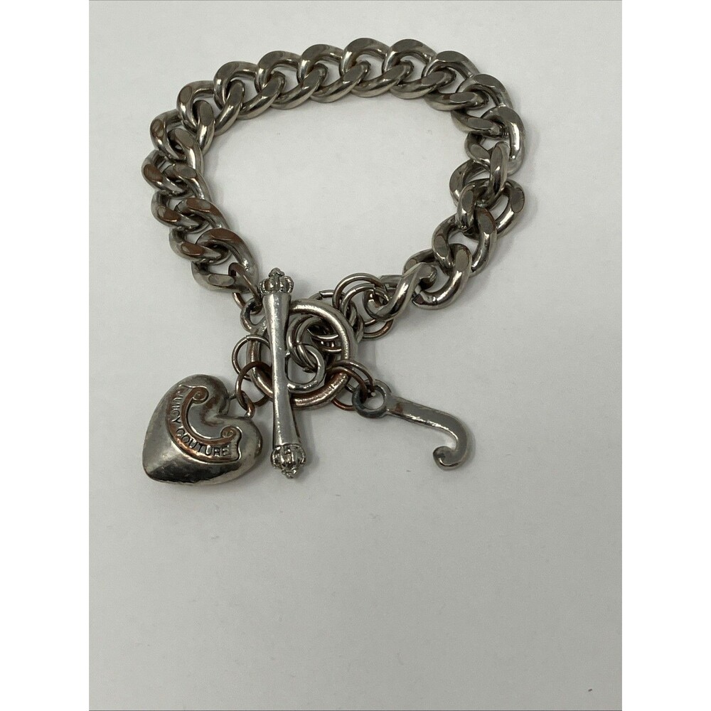 Juicy Couture Silver Tone Heart & J Charm Link Bracelet Toggle Clasp 8” READ